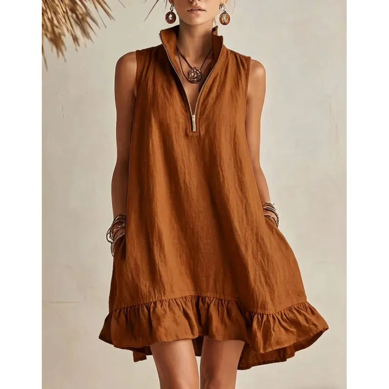 Women's Casual Loose Half-Zip Sleeveless Dress with Ruffle Hem