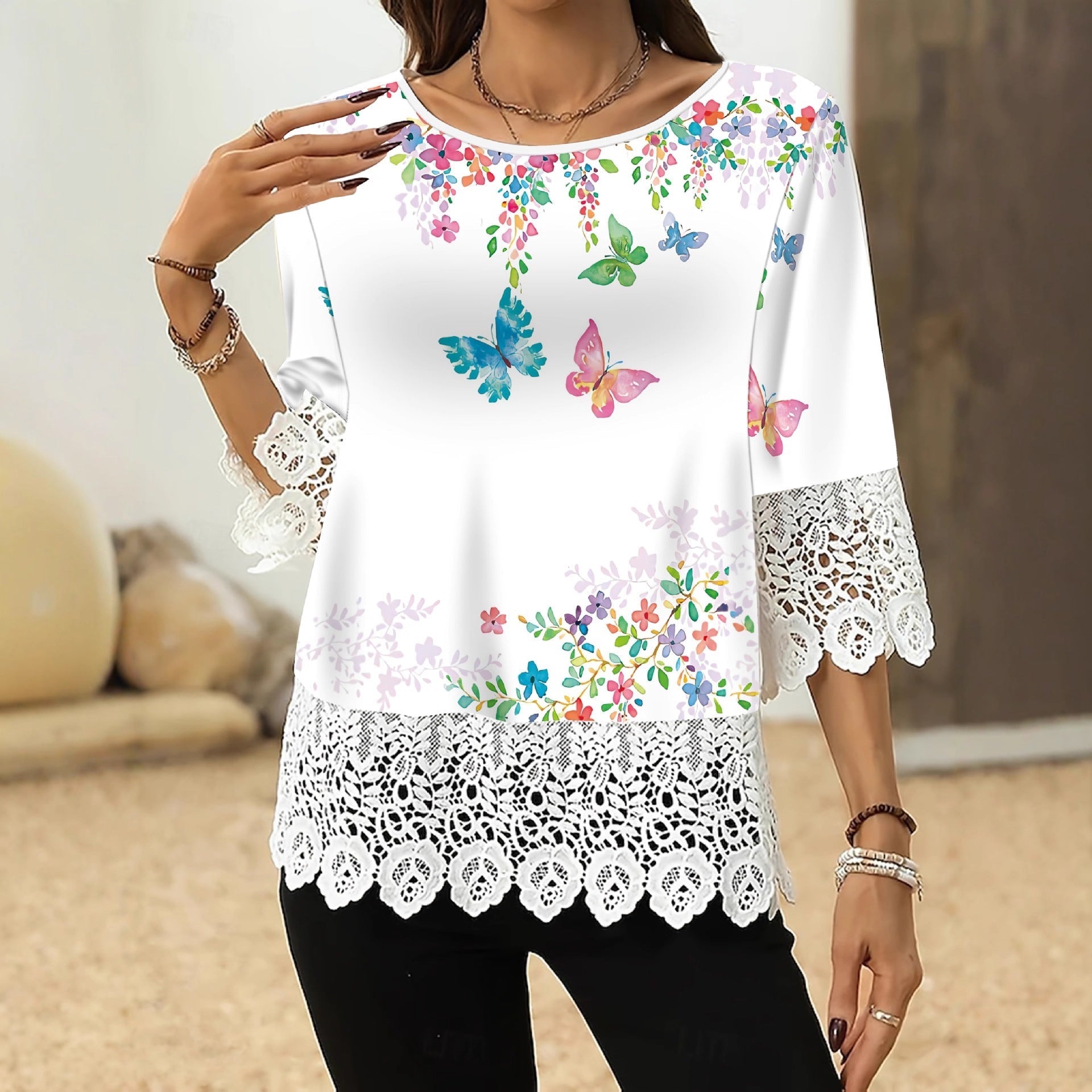 Printed Patchwork Three-Quarter Sleeve Top – Women's Loose Fit Pullover