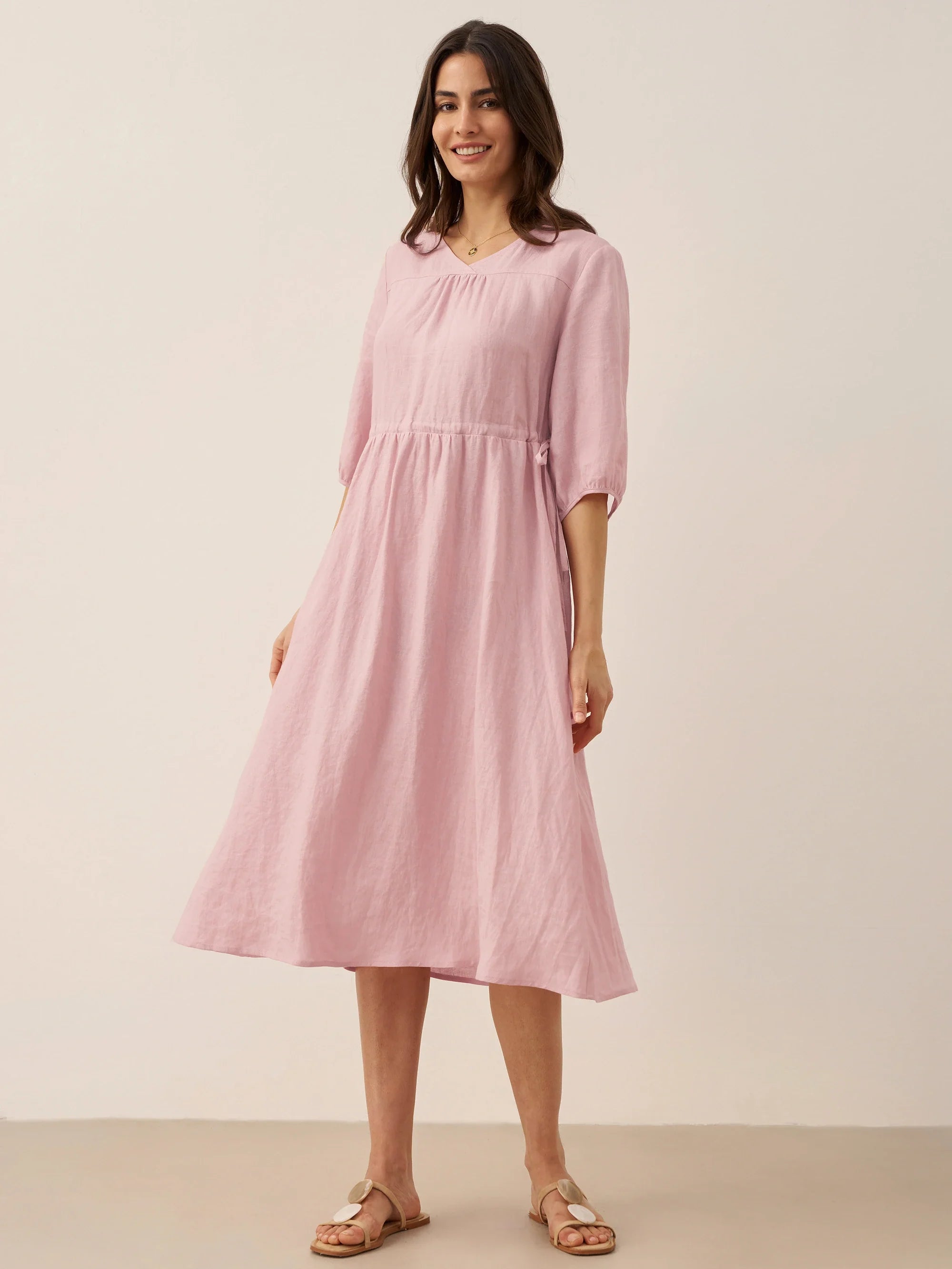 100% Linen A-Line Drawstring Waist Midi Dress DIXIE
