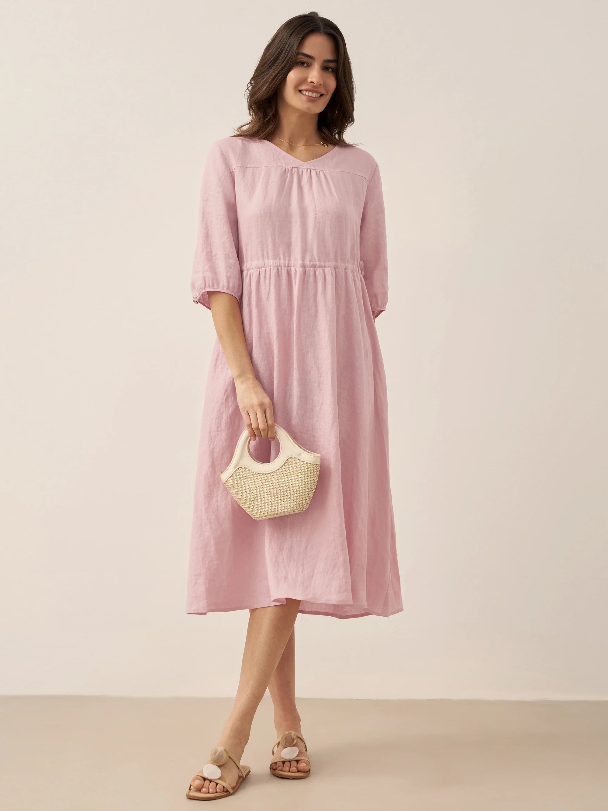 100% Linen A-Line Drawstring Waist Midi Dress DIXIE