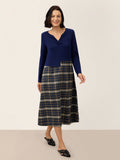 Wool Contrast Check Pleated Waist Midi Dress VALORA