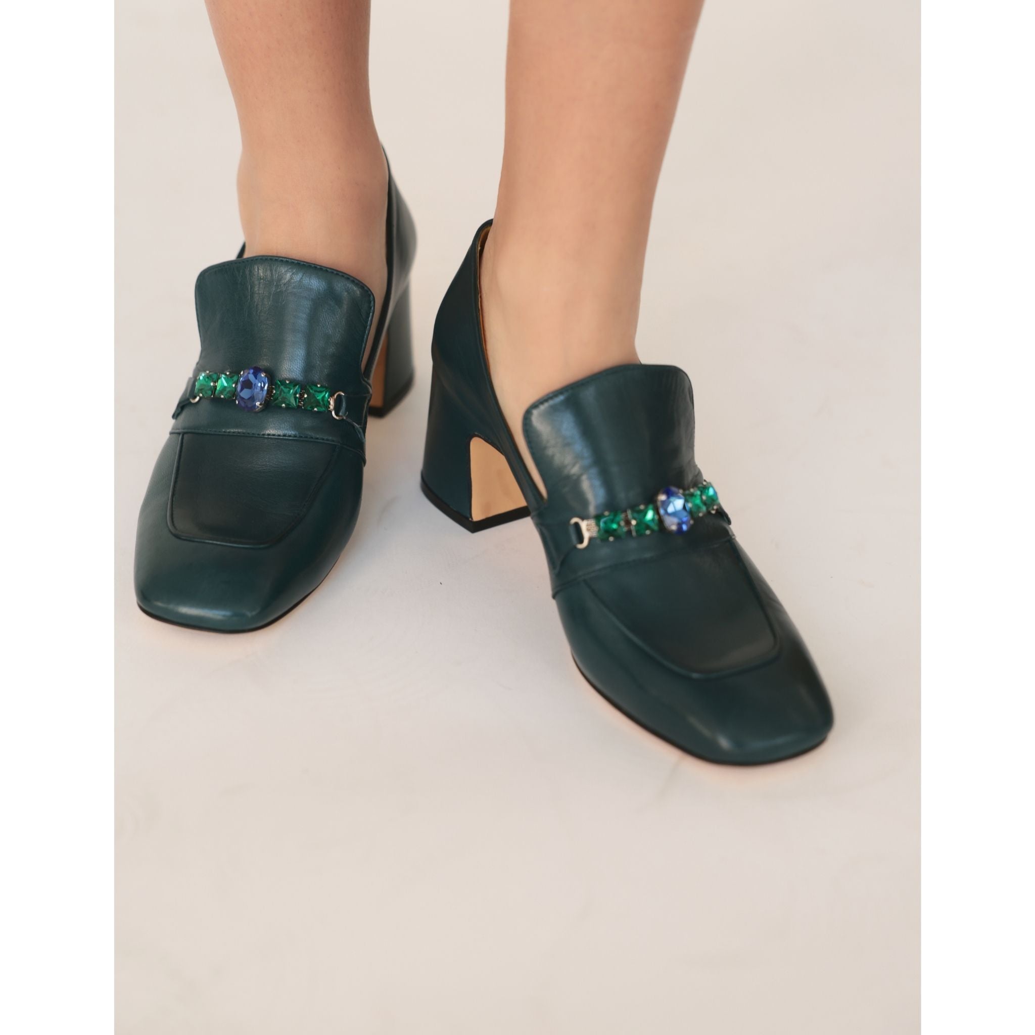 White Leather Mid Heel Jeweled Loafer