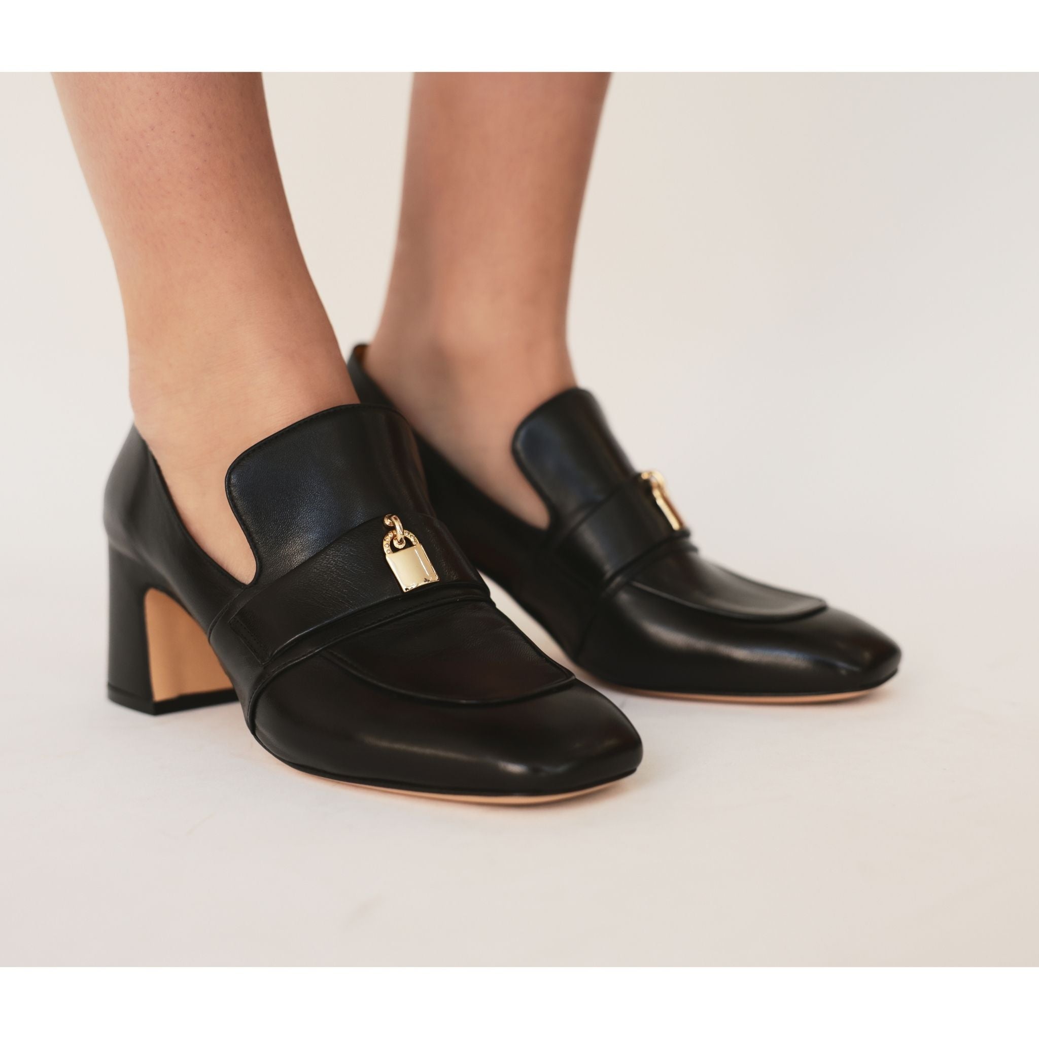 White Leather Lock Heel Loafer
