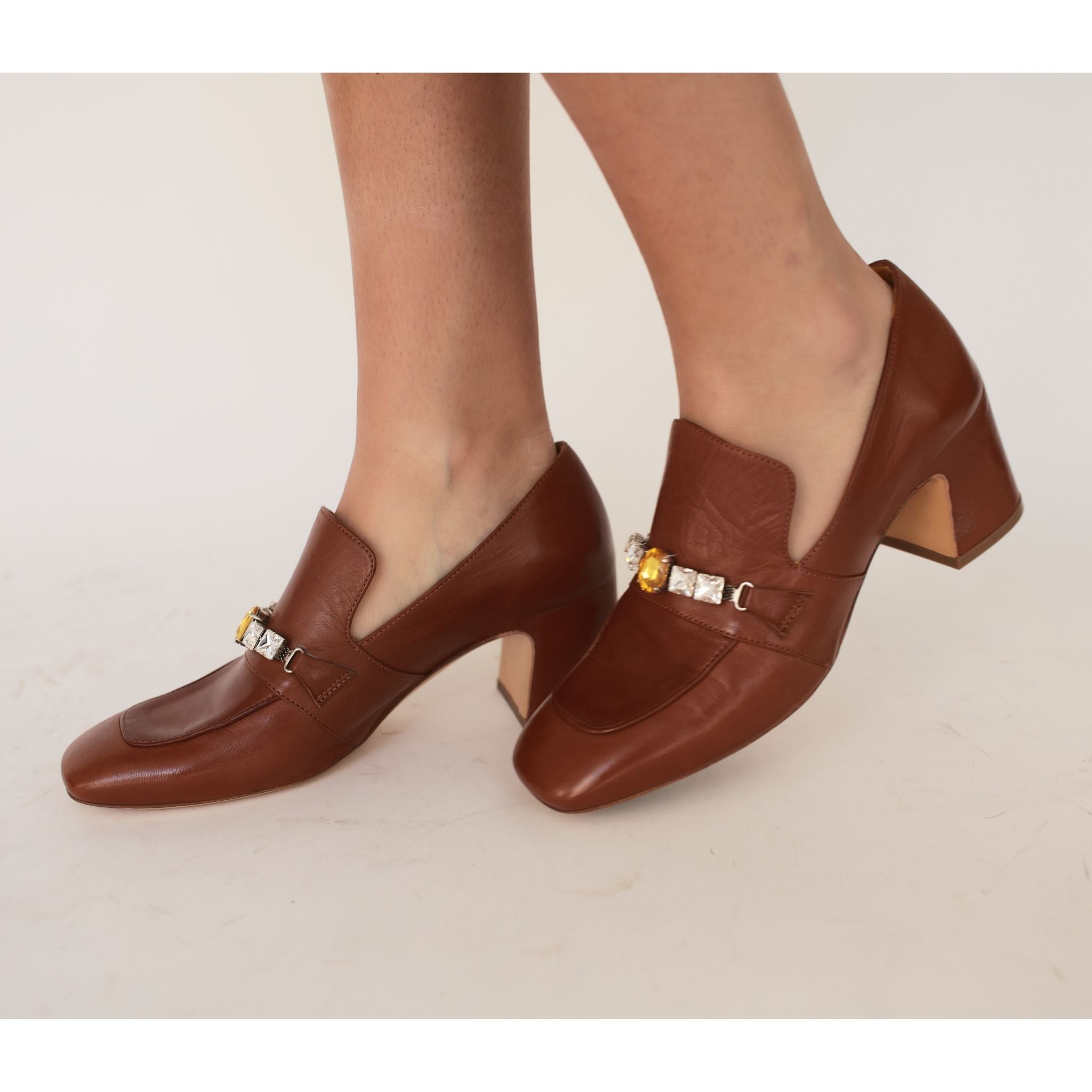 White Leather Mid Heel Jeweled Loafer