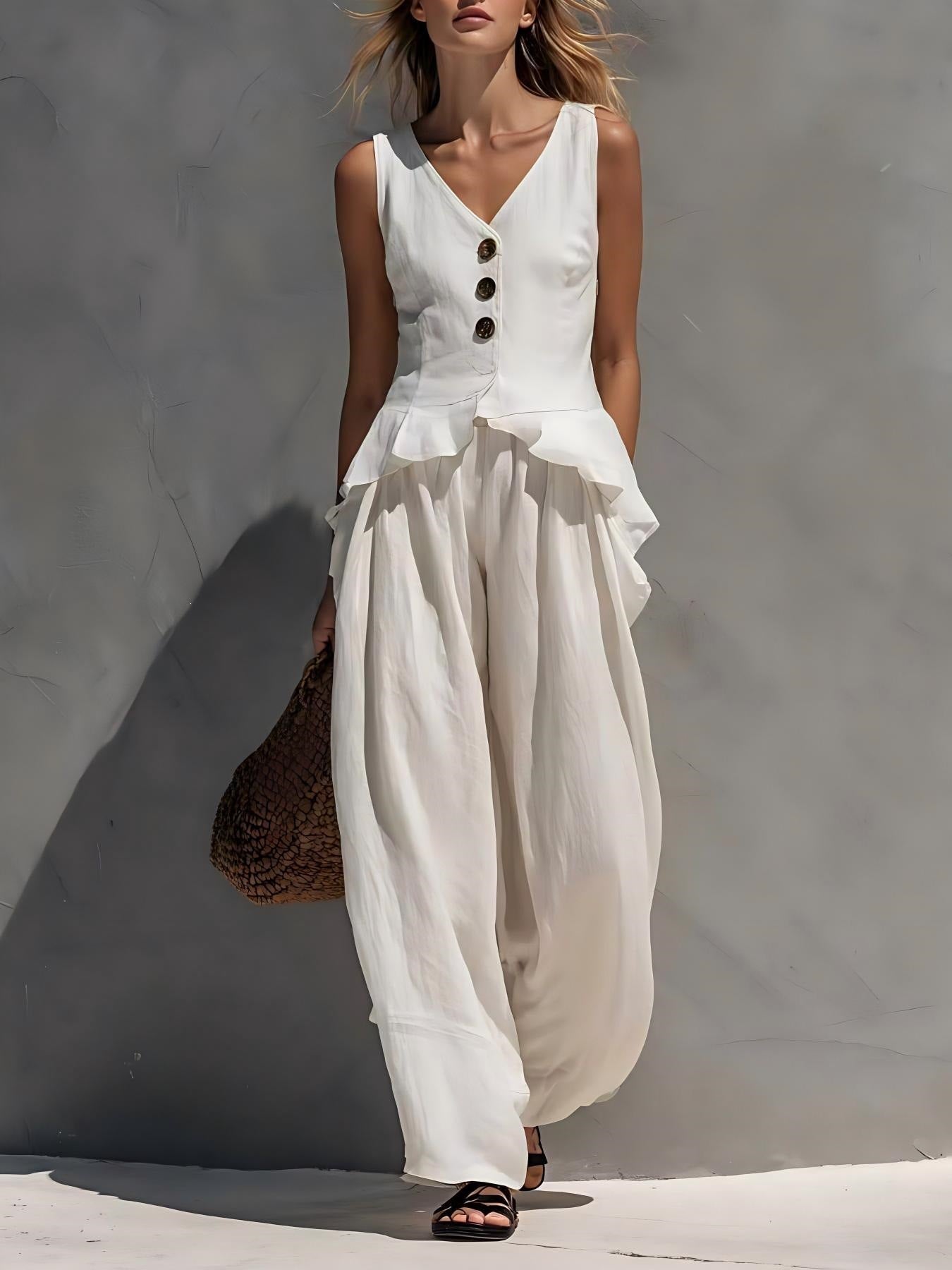 Ruffled Tank Top & Draping Wide-Leg Pants Set – 6 Colors, S–3XL