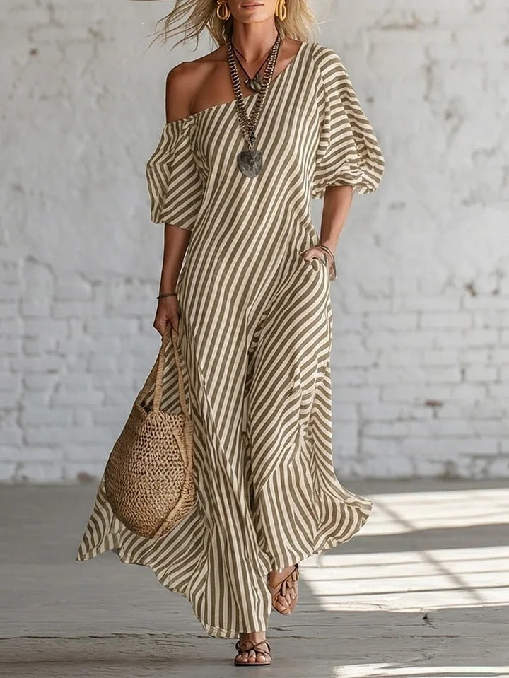 Women's Striped Off-Shoulder Elegant Midi Dress