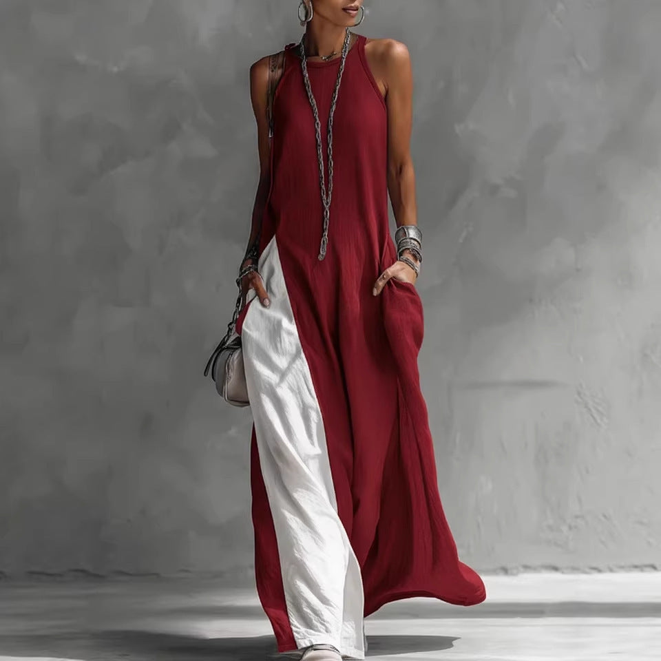 Women's Sleeveless Loose Contrast Color Dress with Pockets
