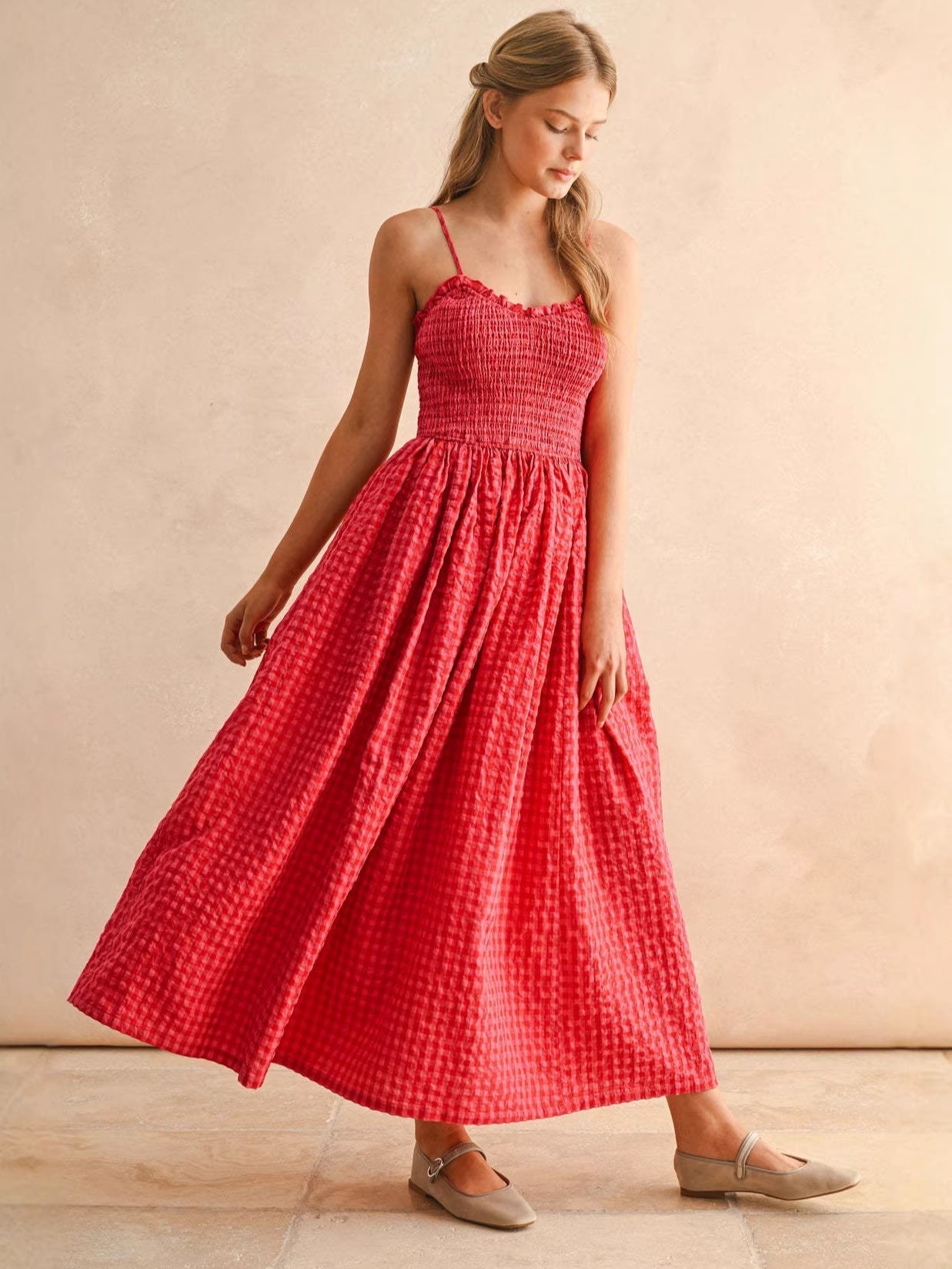 Women's Retro Plaid Sleeveless A-Line Maxi Dress – Fitted Waist Pleated Sundress