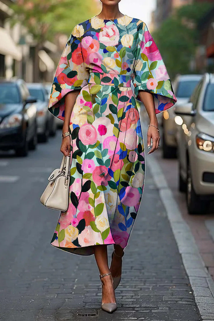Geometric Print Batwing Sleeve Flowy Maxi Dress – 12 Styles, XS–XXXL