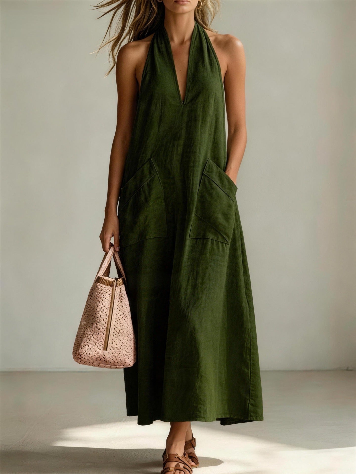 Cotton Halterneck Sleeveless Deep V-Neck Loose Straight-Line Dress