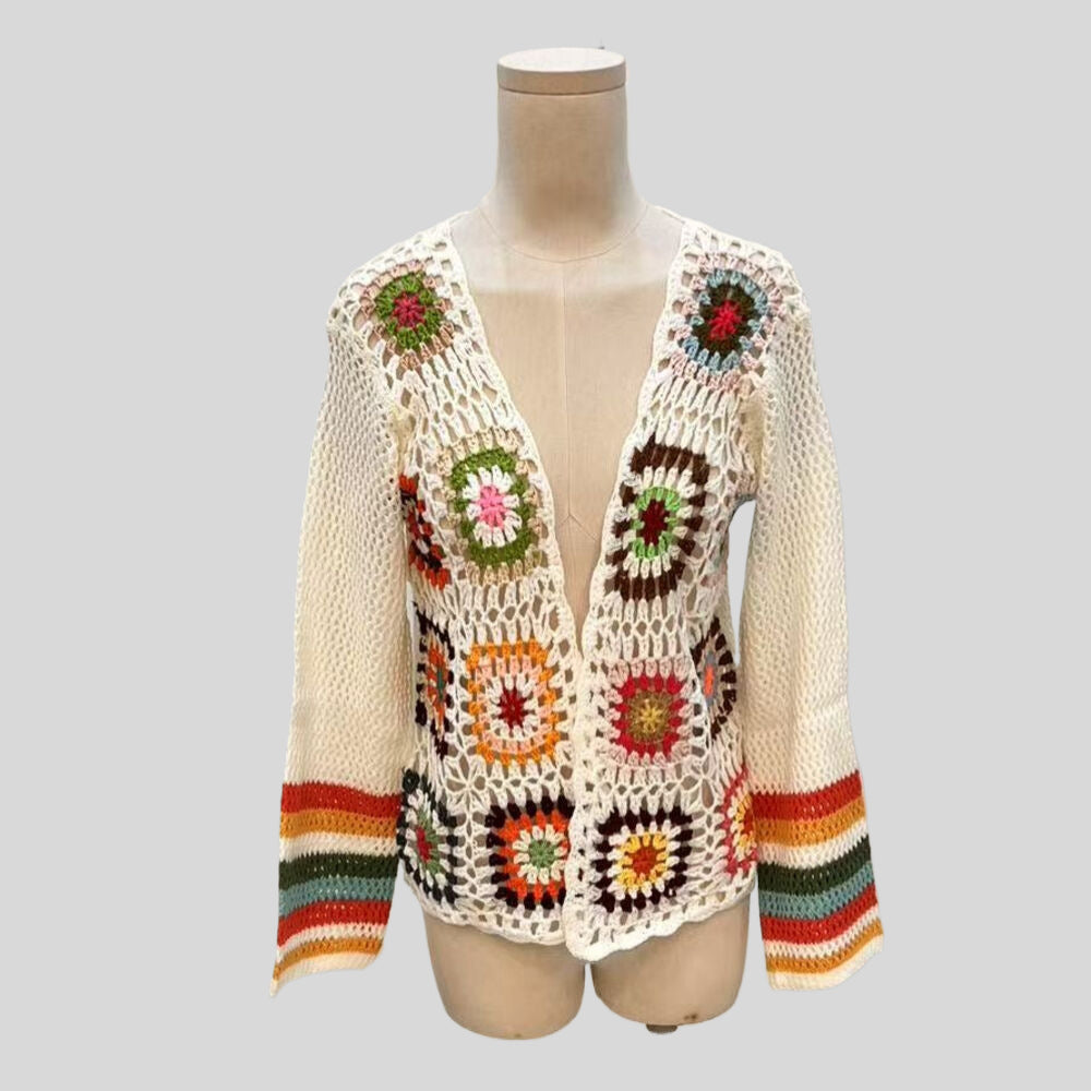 Hand-Crocheted Floral Cardigan Sweater | Boho Open Front Knit Top