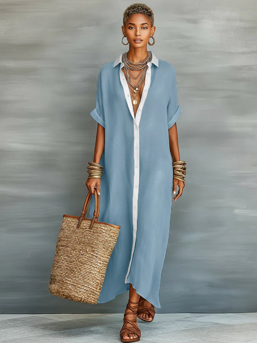 Color-Block Shirt Maxi Dress – Women's Loose Button-Front Long Dress with Contrast Collar