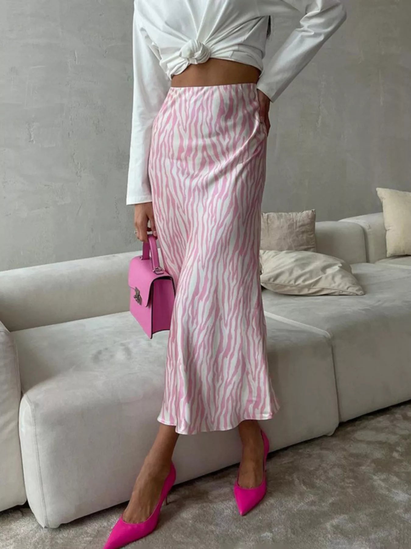 Satin Zebra Print Midi Skirt