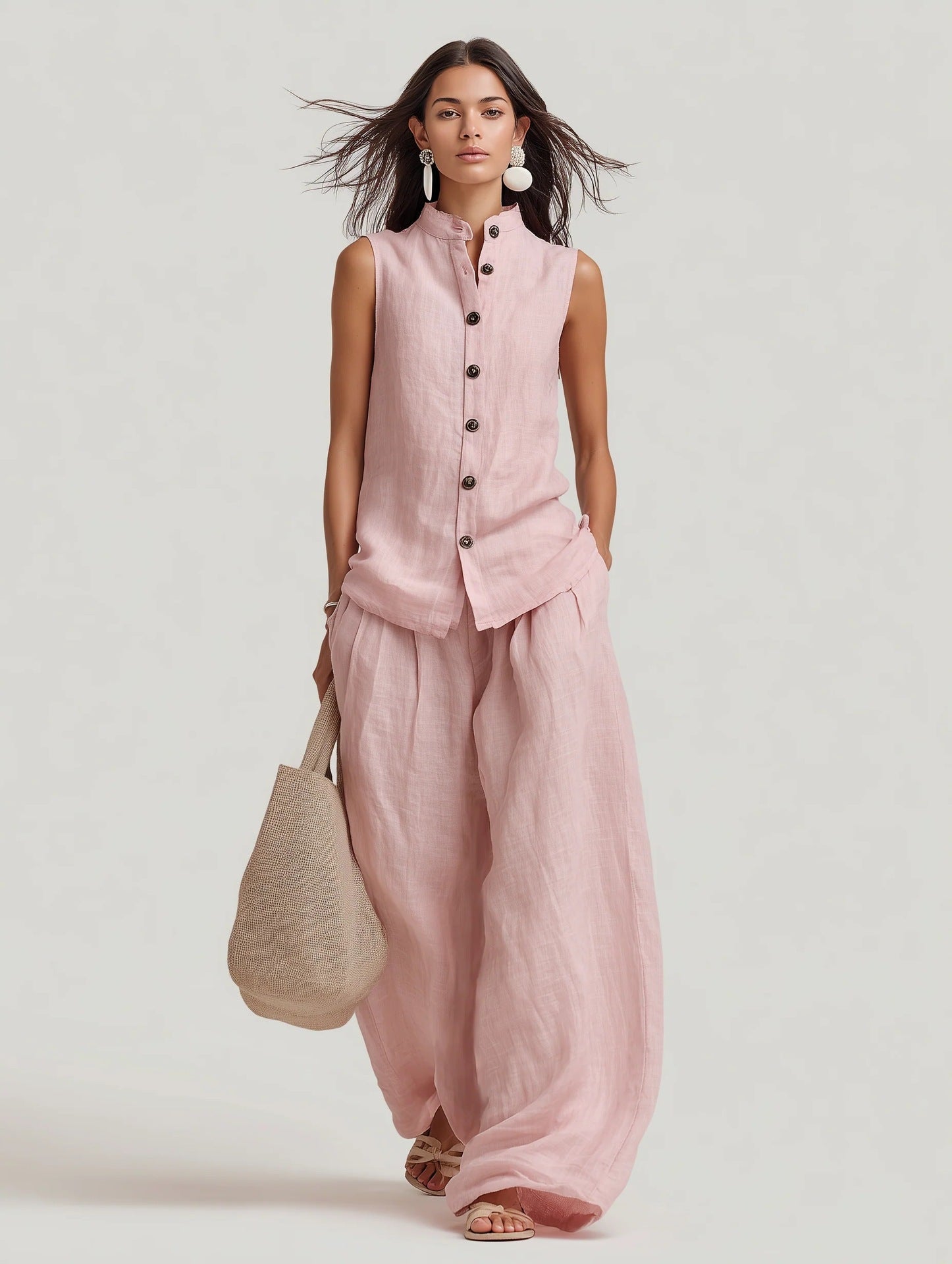 Women's Stand Collar Sleeveless Top & High-Waist Wide-Leg Pants Set