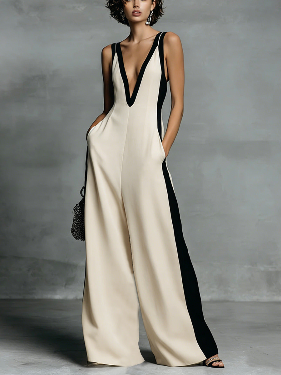 Women's Color-Block Sleeveless V-Neck Wide-Leg Jumpsuit – French Style Long Pants