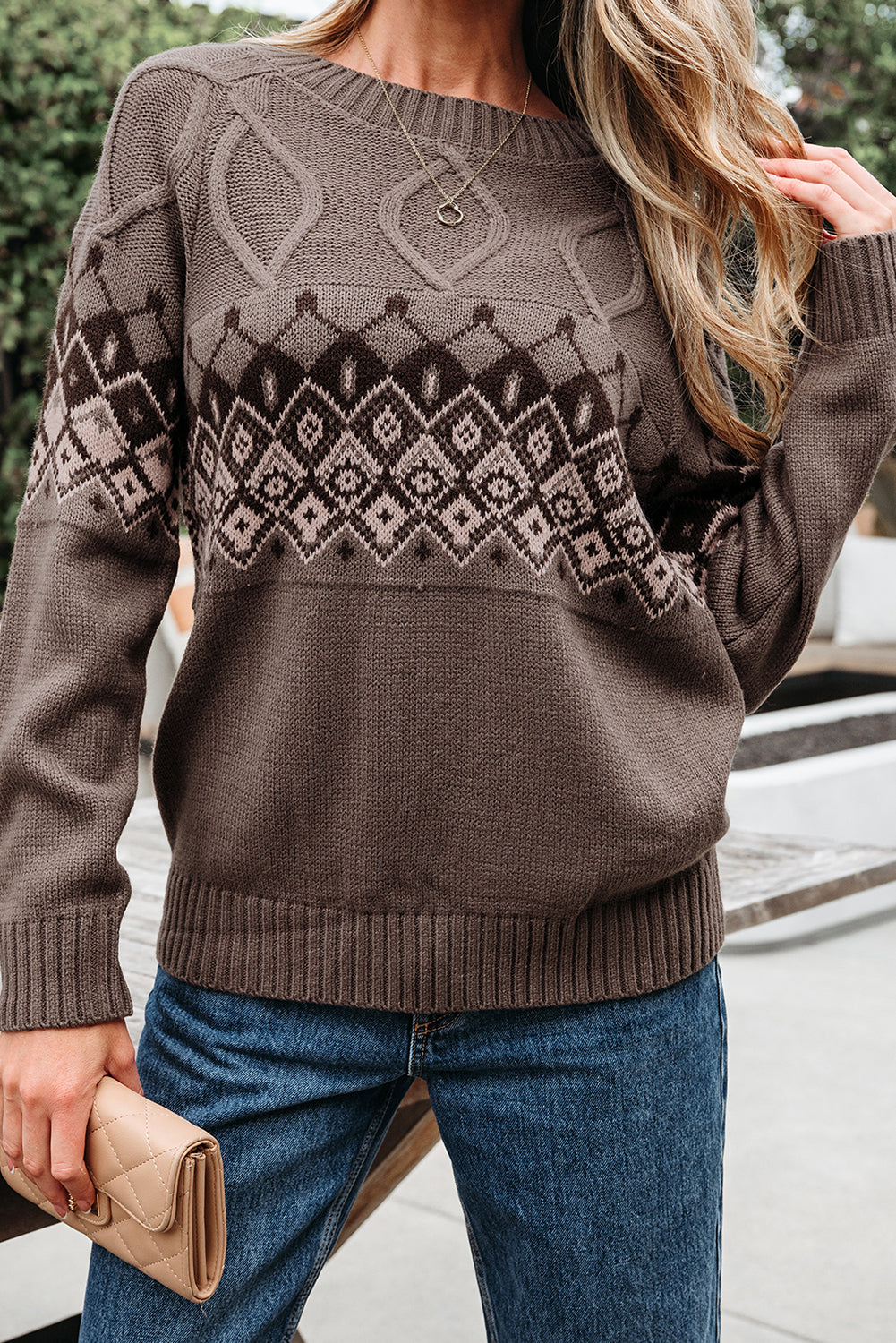 Alana Western Geometric Patterned Crew Neck Knitted Sweater