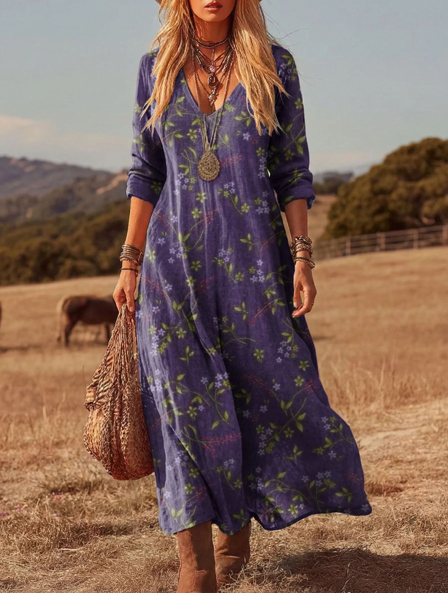 Women's Retro Chic 3D Print V-Neck Long-Sleeve A-Line Dress