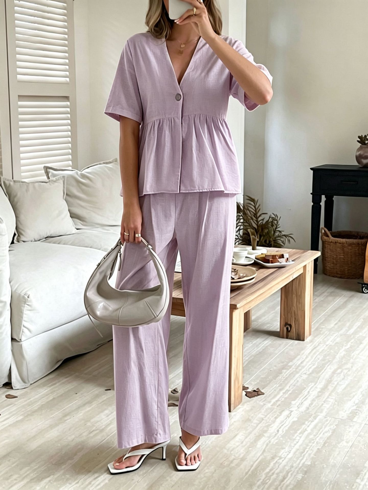Women's V-Neck Loose Short-Sleeve Top & Wide-Leg Pants Set