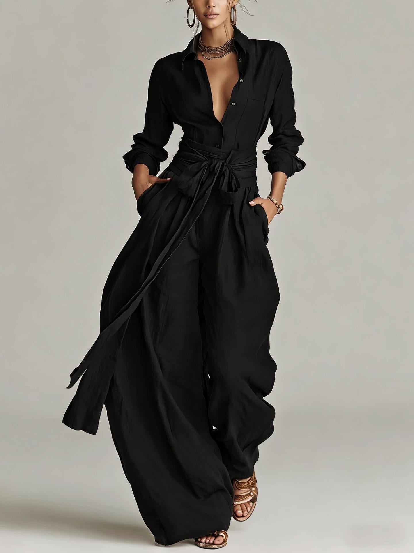Women's Collar Long Sleeve Top & High-Waist Pants Two-Piece Set – 5 Colors