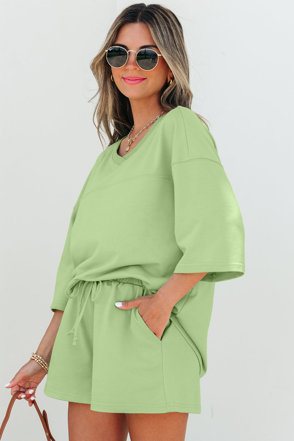 Emmeline Loose V Neck Half Sleeve Tee and Shorts