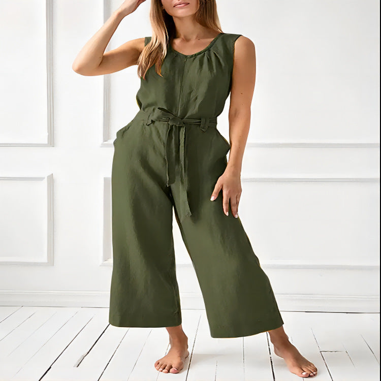 Women's Solid-Color Mid-Rise Full-Length Cotton Trousers
