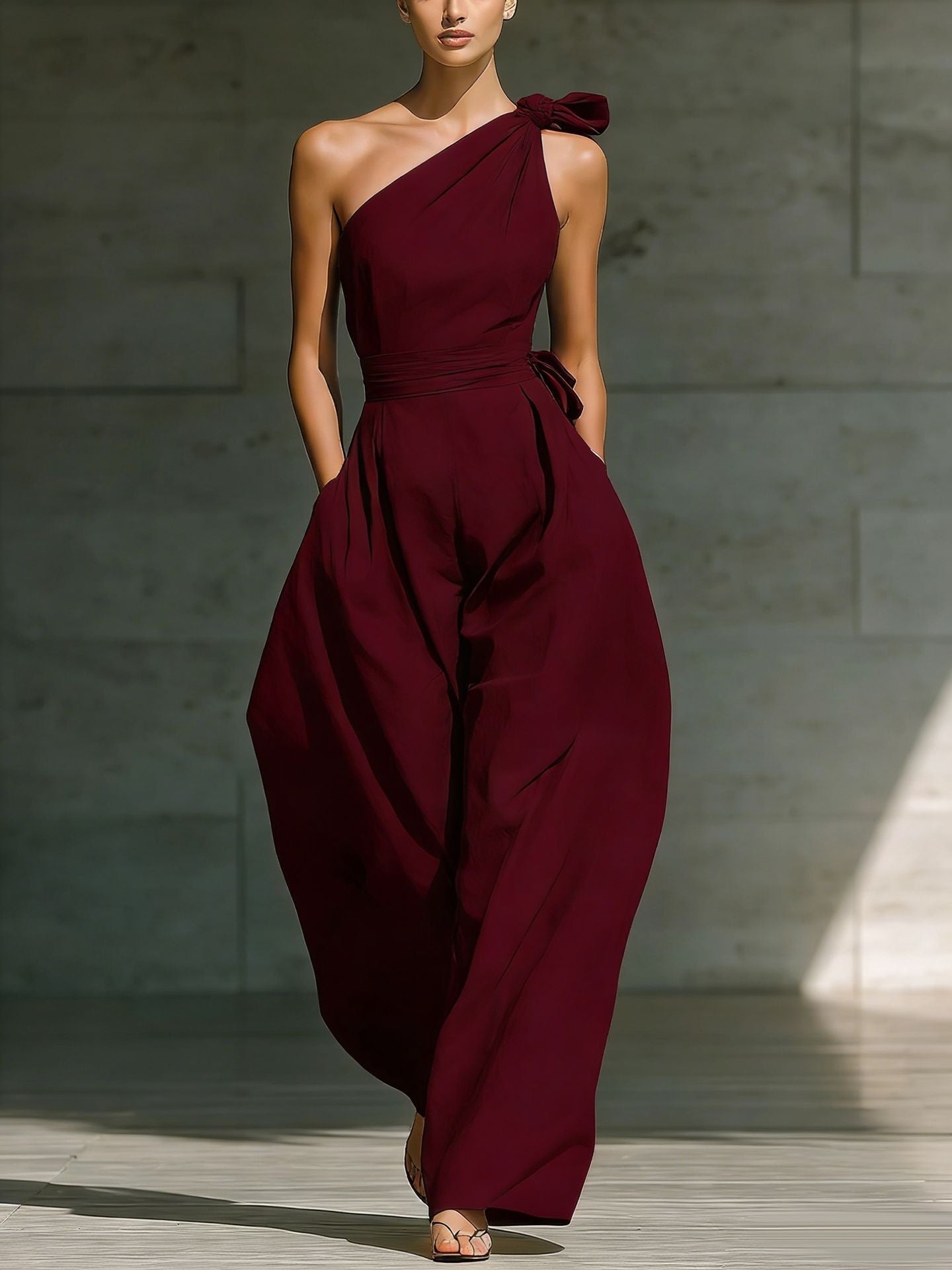Women's Loose Sleeveless Off-Shoulder Belted Wide-Leg Jumpsuit