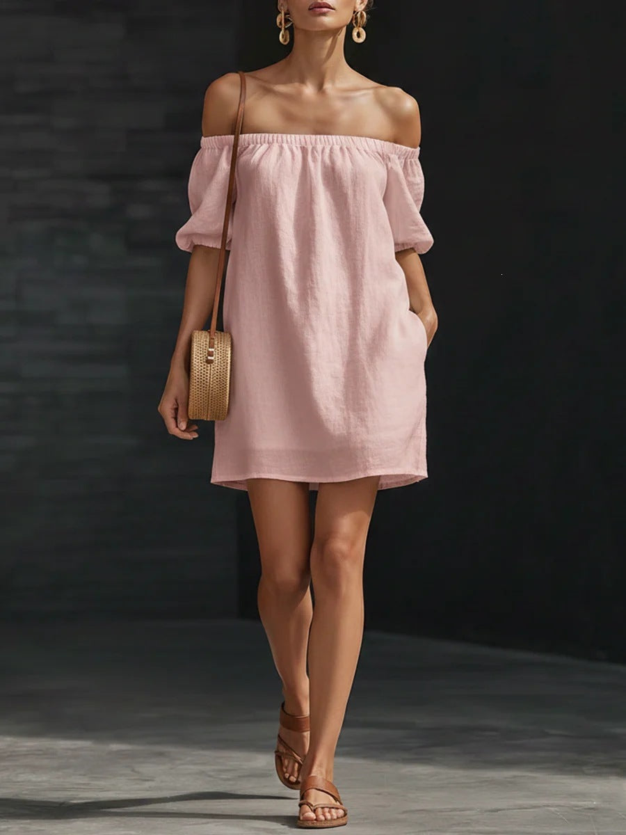 Women's Cotton-Linen Off-Shoulder Puff-Sleeve Loose Mini Dress