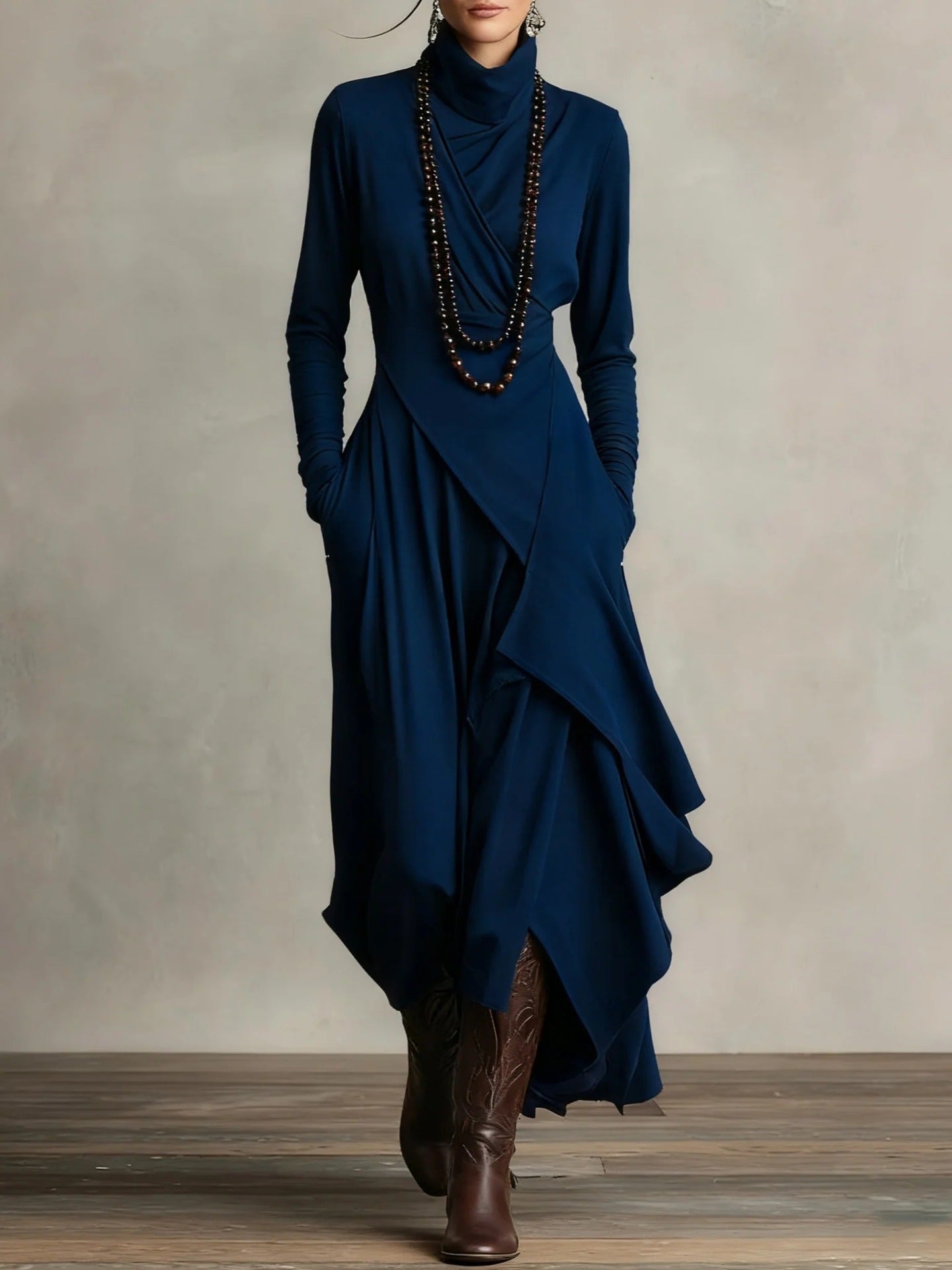 Women's Cross-Wrap High-Neck Long-Sleeve Maxi Dress