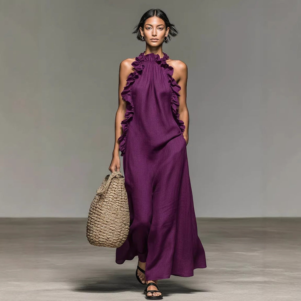 Women's Resort Ruffled Halterneck Sleeveless Open-Back Maxi Dress