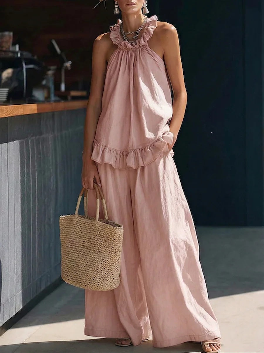 Halterneck Loose Two-Piece Set | Pleated Asymmetric Pocket Set
