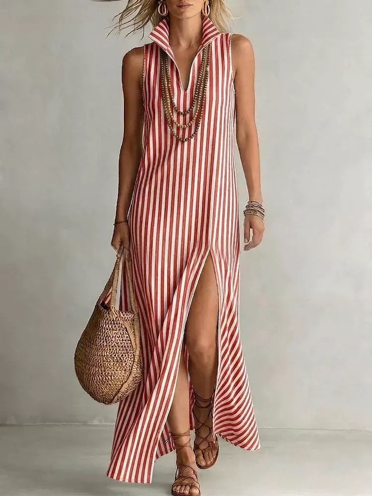 Striped Stand Collar Side-Slit Sleeveless Maxi Dress – A-Line Cami