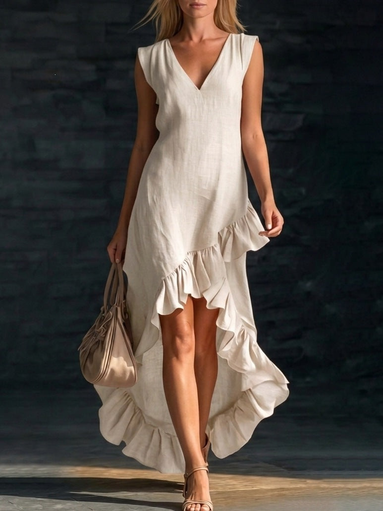 Sleeveless V-Neck Ruffle Hem Maxi Dress – Women's Cotton Linen
