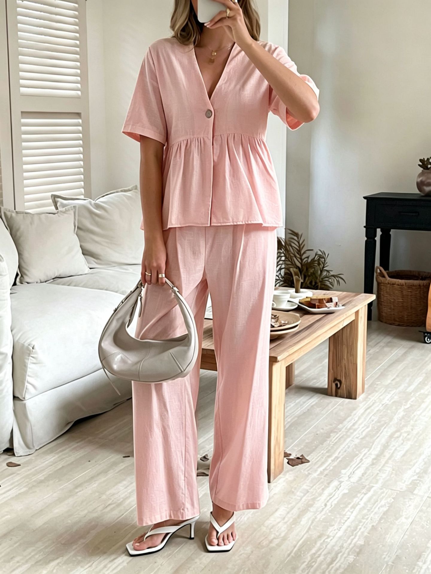 Women's V-Neck Loose Short-Sleeve Top & Wide-Leg Pants Set
