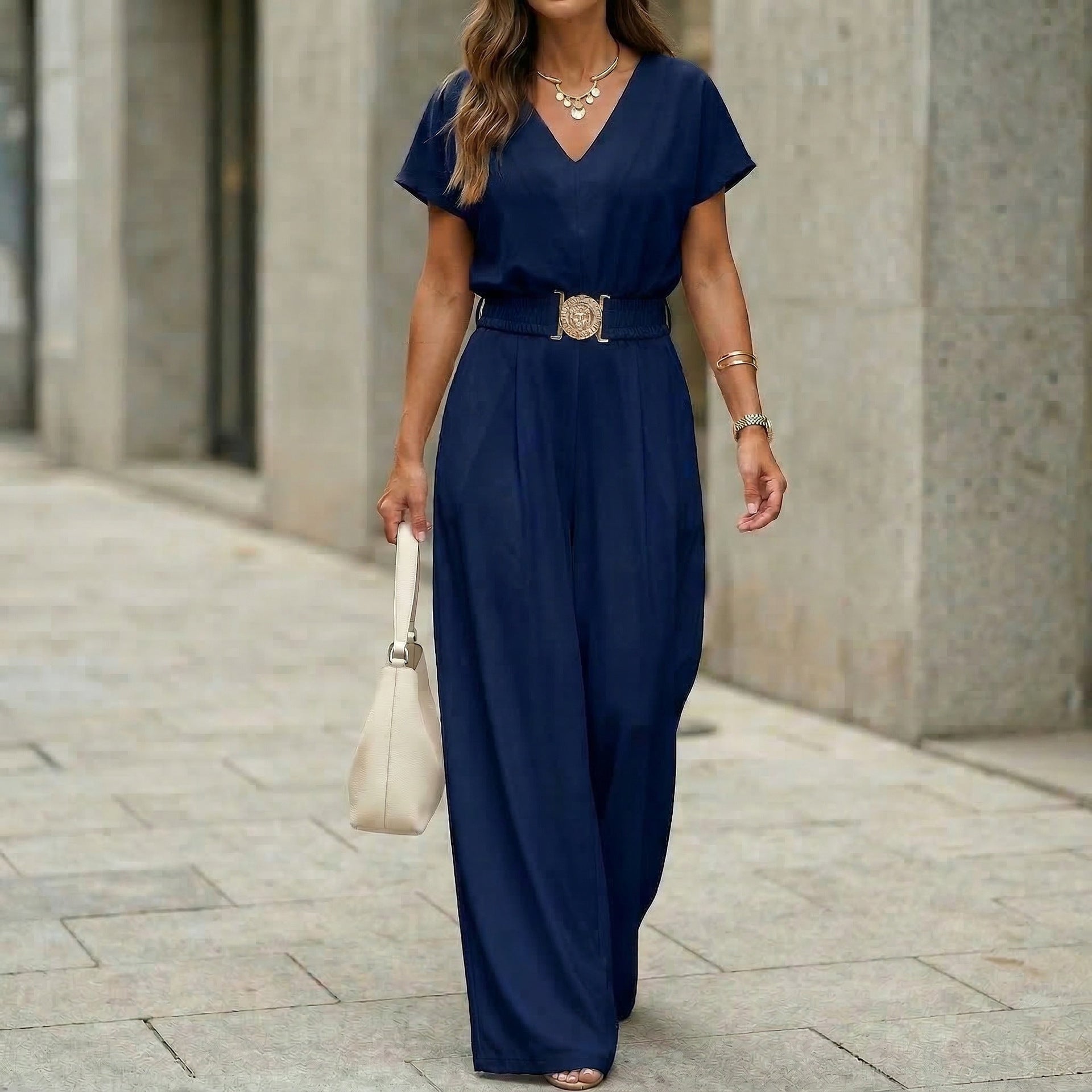 Women's V-Neck Belted Wide-Leg Jumpsuit