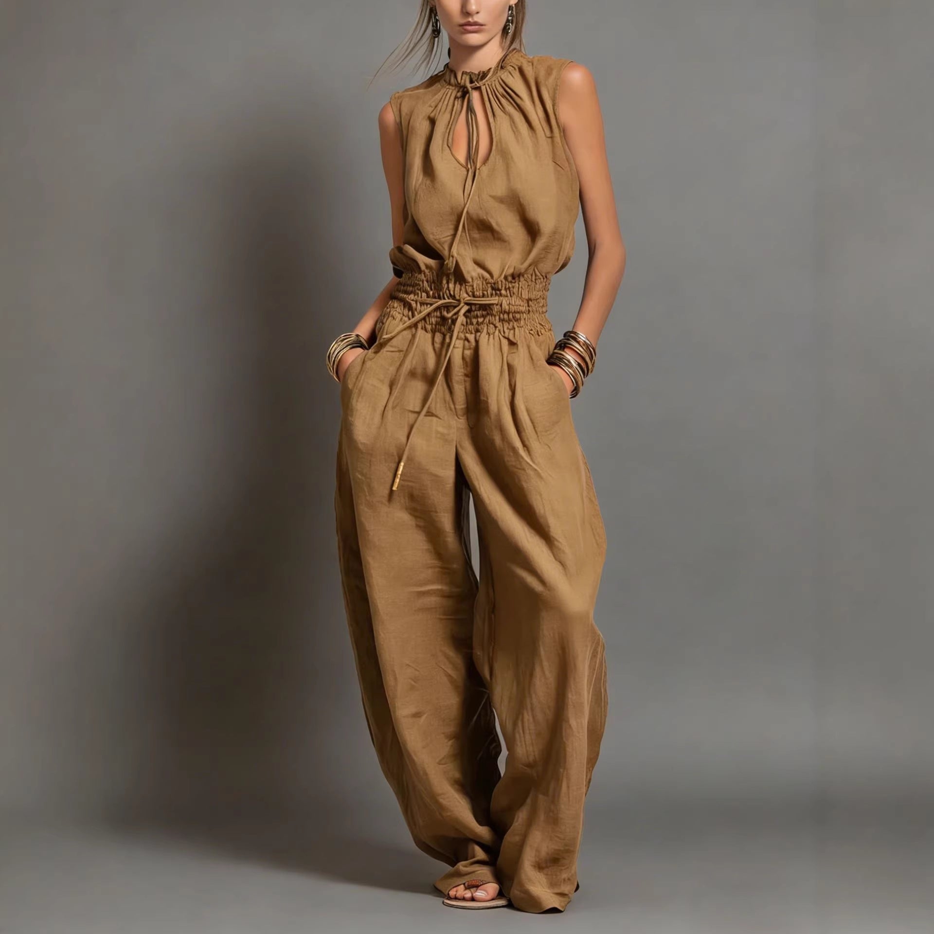 Women's Sleeveless High-Waist Wide-Leg Pleated Jumpsuit