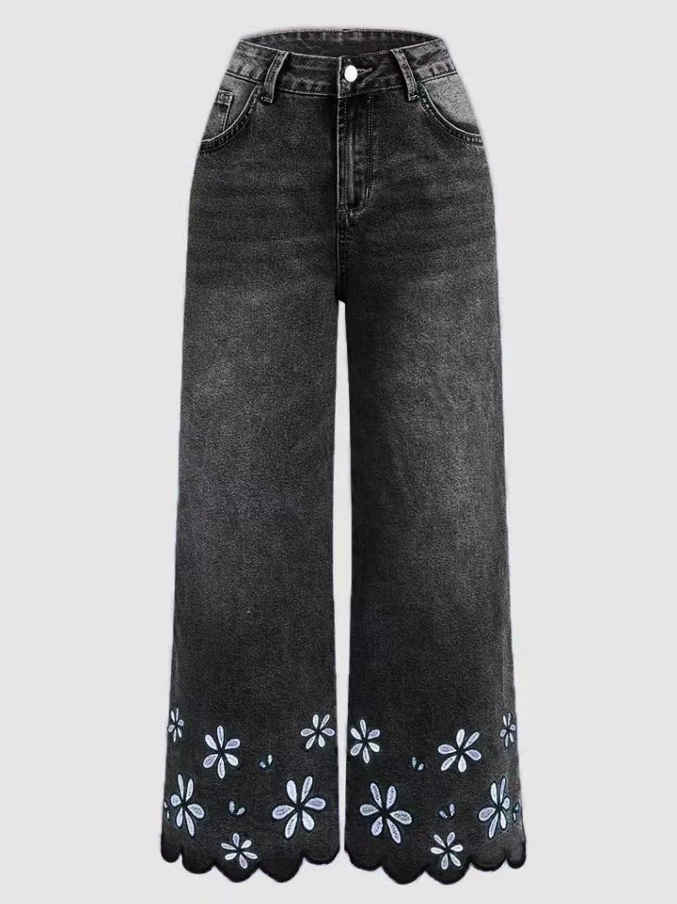 Chrysanthemum Embroidered Cropped Denim Jeans – Women's Loose Straight-Leg