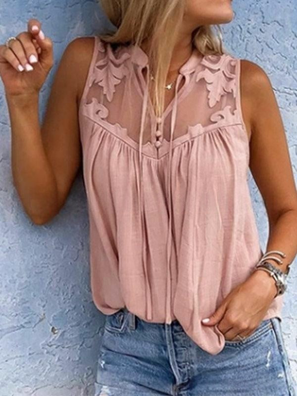 Chiffon Patchwork Lace V-Neck Sleeveless Top | Silk Chiffon