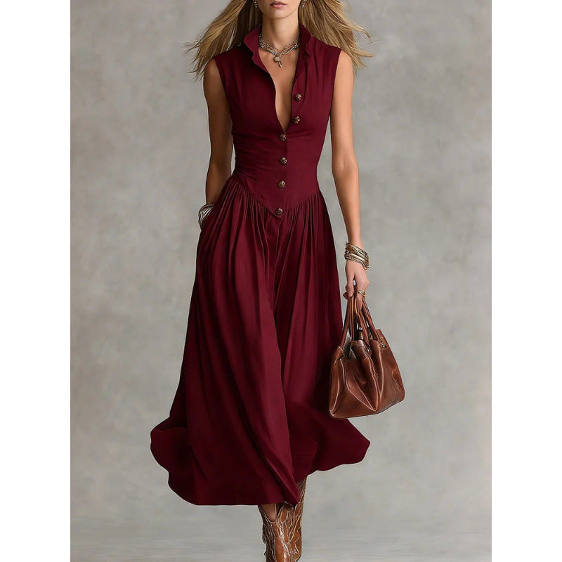 Women's Sleeveless Lapel Collar Maxi Dress – Slim Fit Patchwork