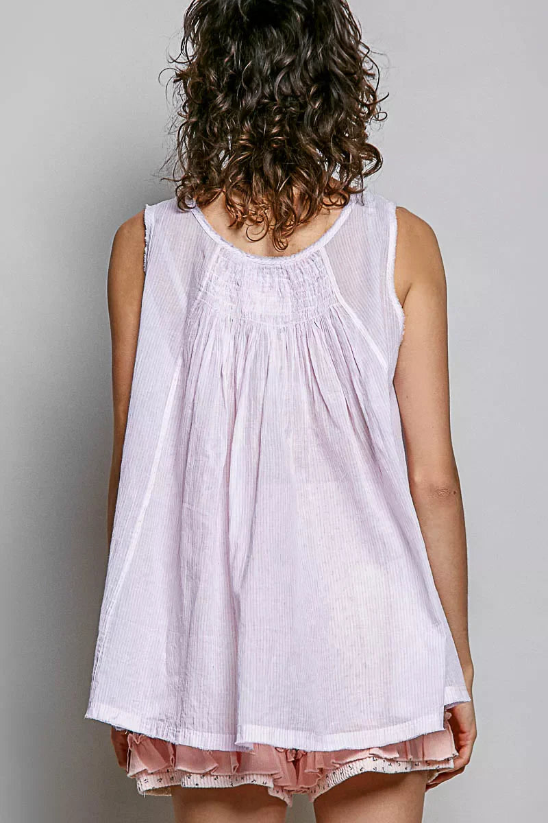 POL POL Round Neck Sleeveless Striped Pleated Cotton Top