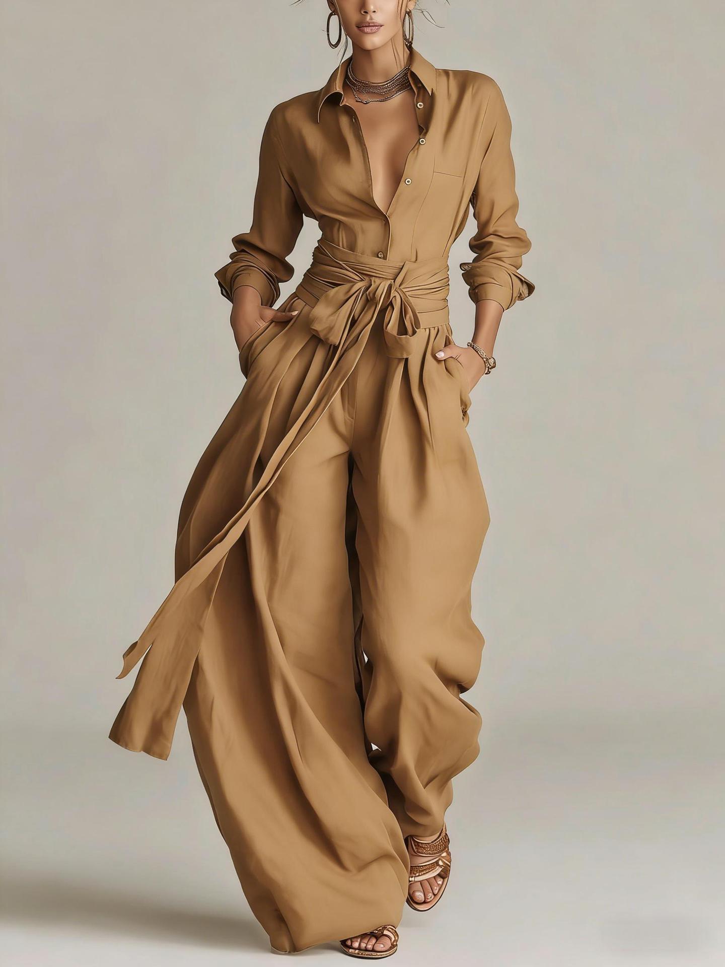 Women's Collar Long Sleeve Top & High-Waist Pants Two-Piece Set – 5 Colors