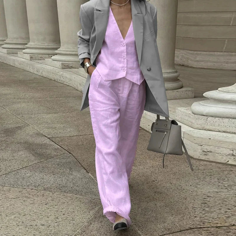 Women’s V‑Neck Button‑Front Vest & High‑Waist Pants Set