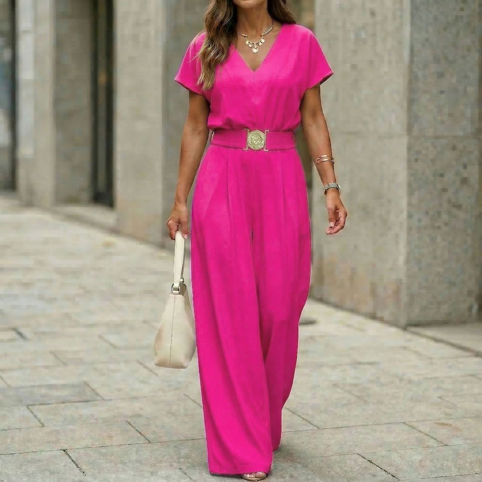 Women's V-Neck Belted Wide-Leg Jumpsuit