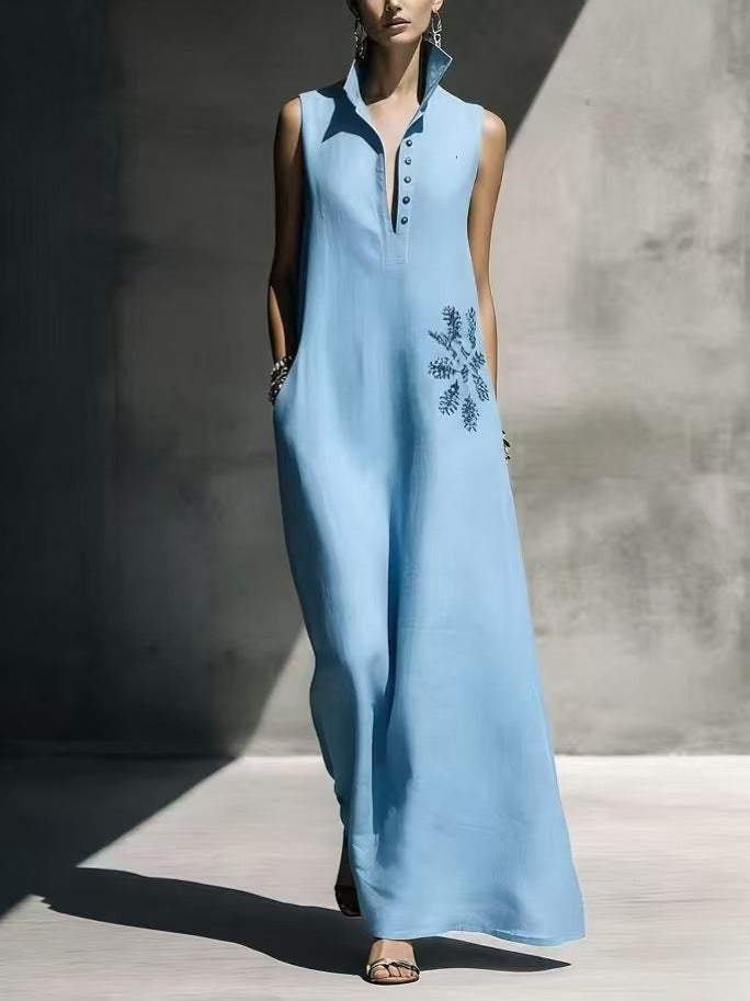 Women's Cotton Linen Mandarin Collar Maxi Dress – Graphic Print with Pockets