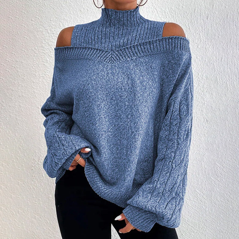 Women's Cold Shoulder Sweater - High Neck Cut Out Pullover Long Sleeve