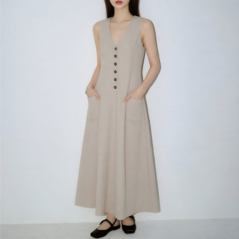 Women's V-Neck Sleeveless Button-Up Pencil Dress
