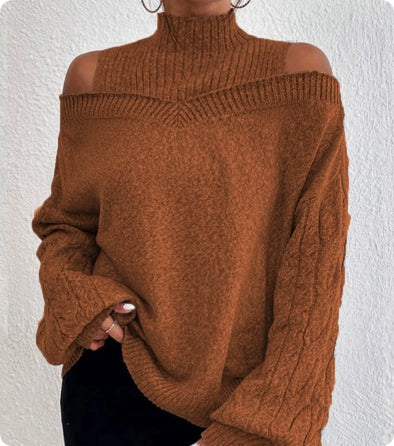 Women’s Elegant Off-Shoulder Turtleneck Sweater — Long Sleeve Knit Top
