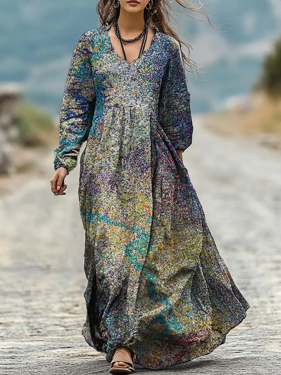 Women's Retro Chic 3D Print V-Neck Long-Sleeve A-Line Dress