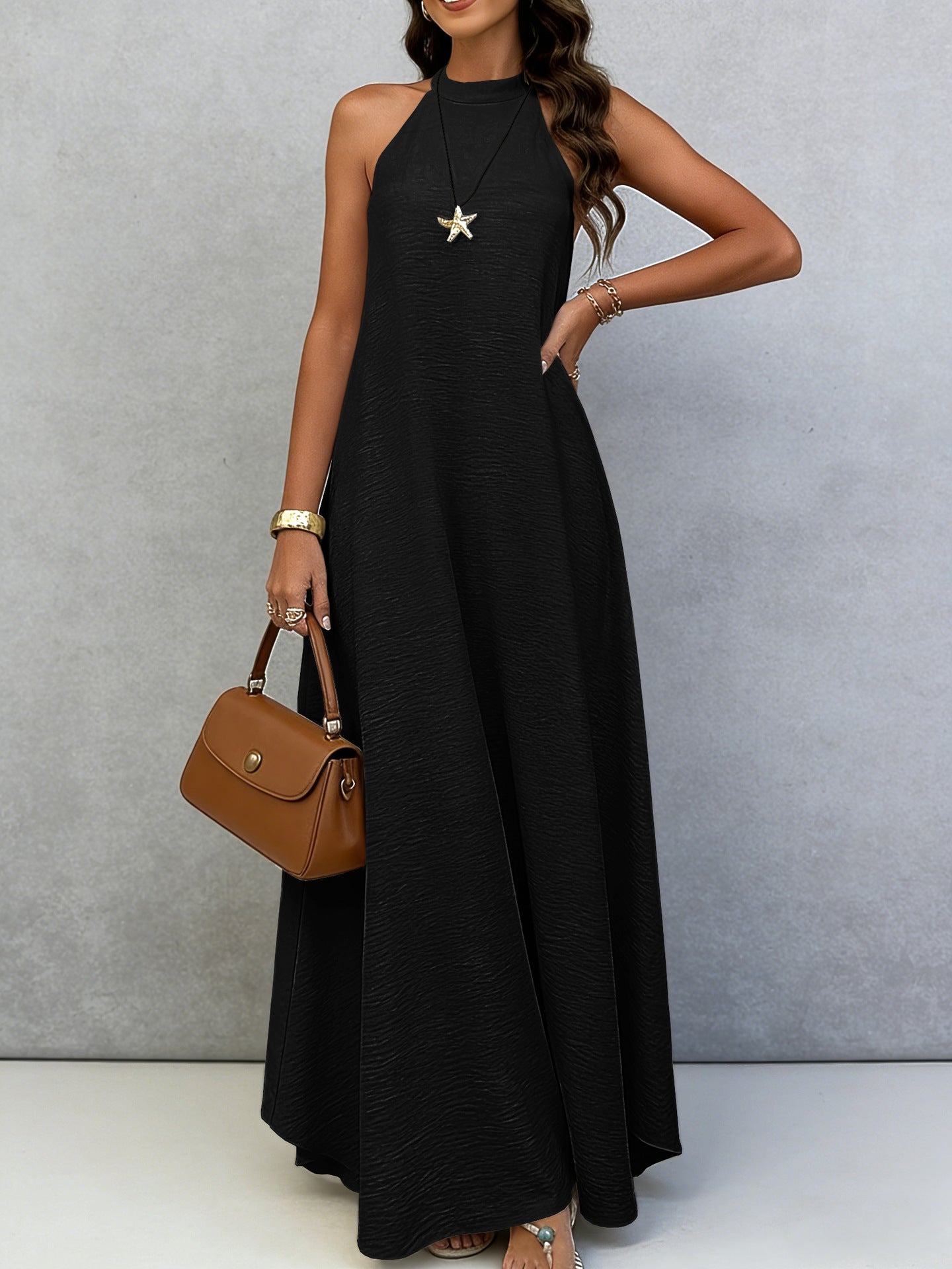Women's Ice Silk Crinkle Sleeveless Swing Maxi Dress