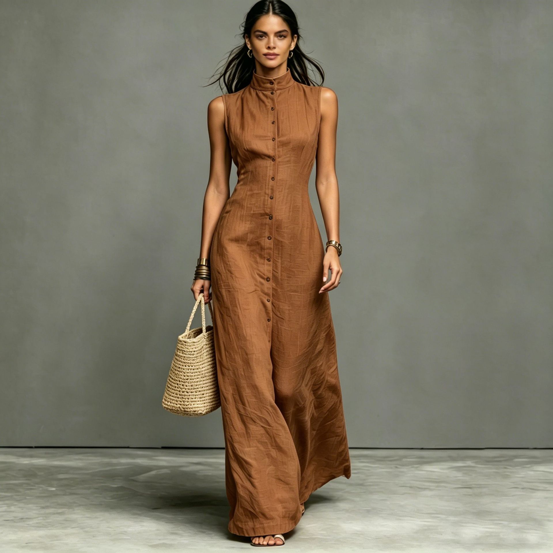 Women's Stand-Collar Single-Breasted Sleeveless Midi Dress