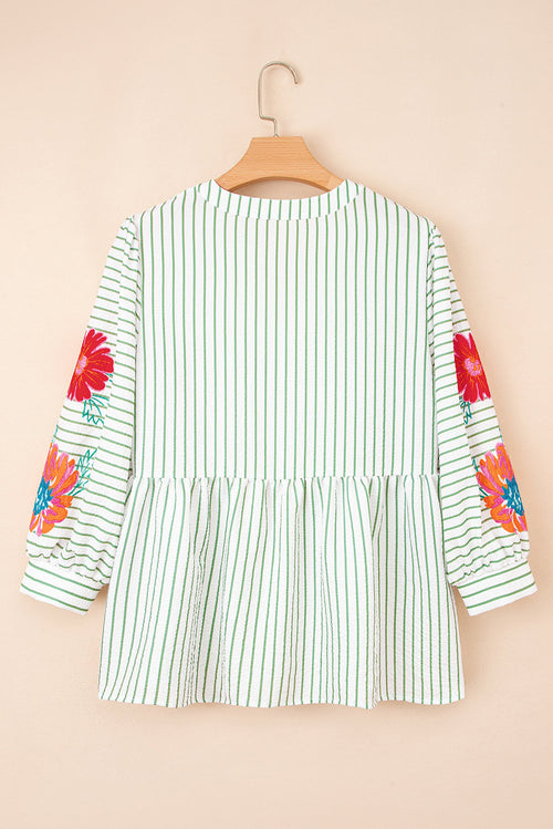 Ashley Stripe Flower Puff Sleeve V Neck Babydoll Blouse